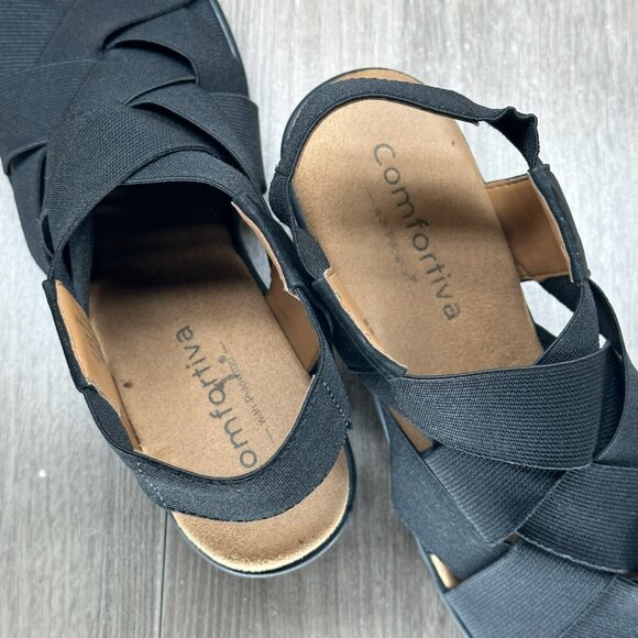 Comfortiva Sandals Women Sz 6.5M Elastic Criss Cross Strap Farrow Open Toe Black - Picture 9 of 12